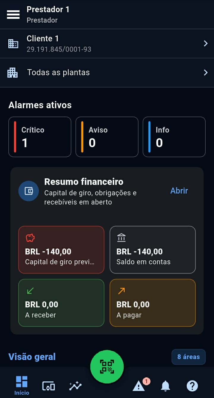 Resumo financeiro e alarmes ativos da operação