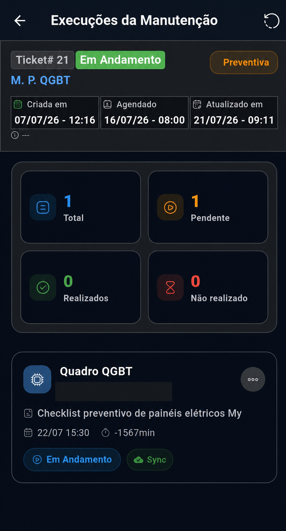 Execuções da manutenção com dados demonstrativos anonimizados
