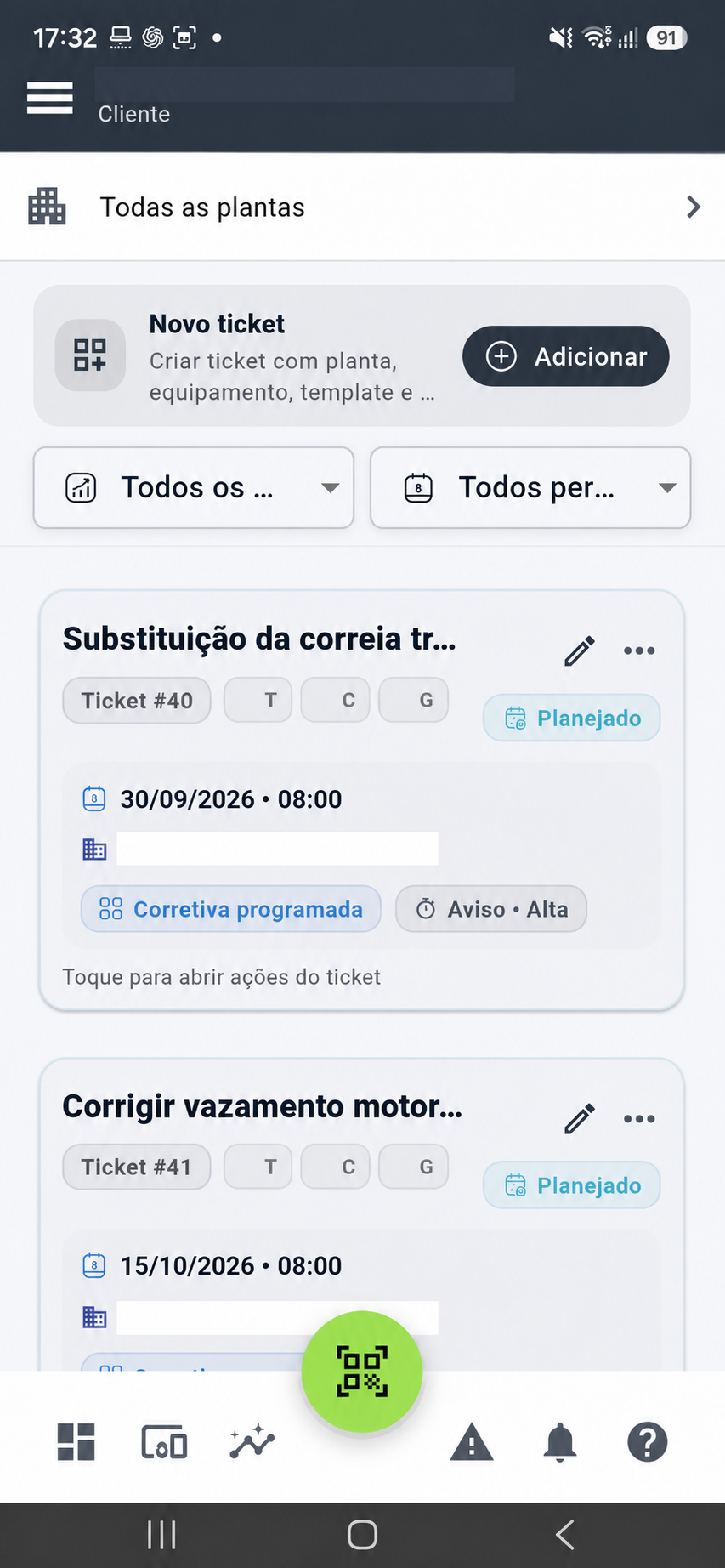 Gestão atual de manutenções e tickets com identificações anonimizadas